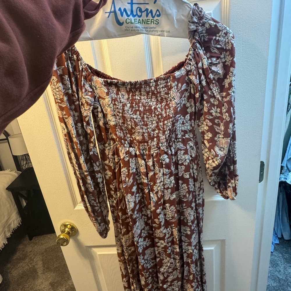 Altar'd State Floral Long Sleeve Dress in Brown and Cream